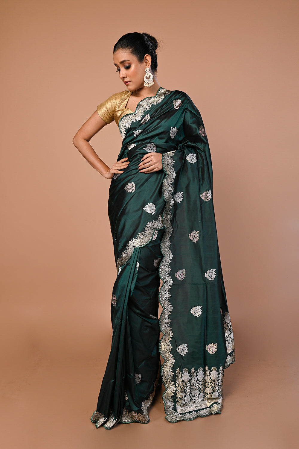 Banarasi Silk Butta Dark Green Saree With Scallop Border
