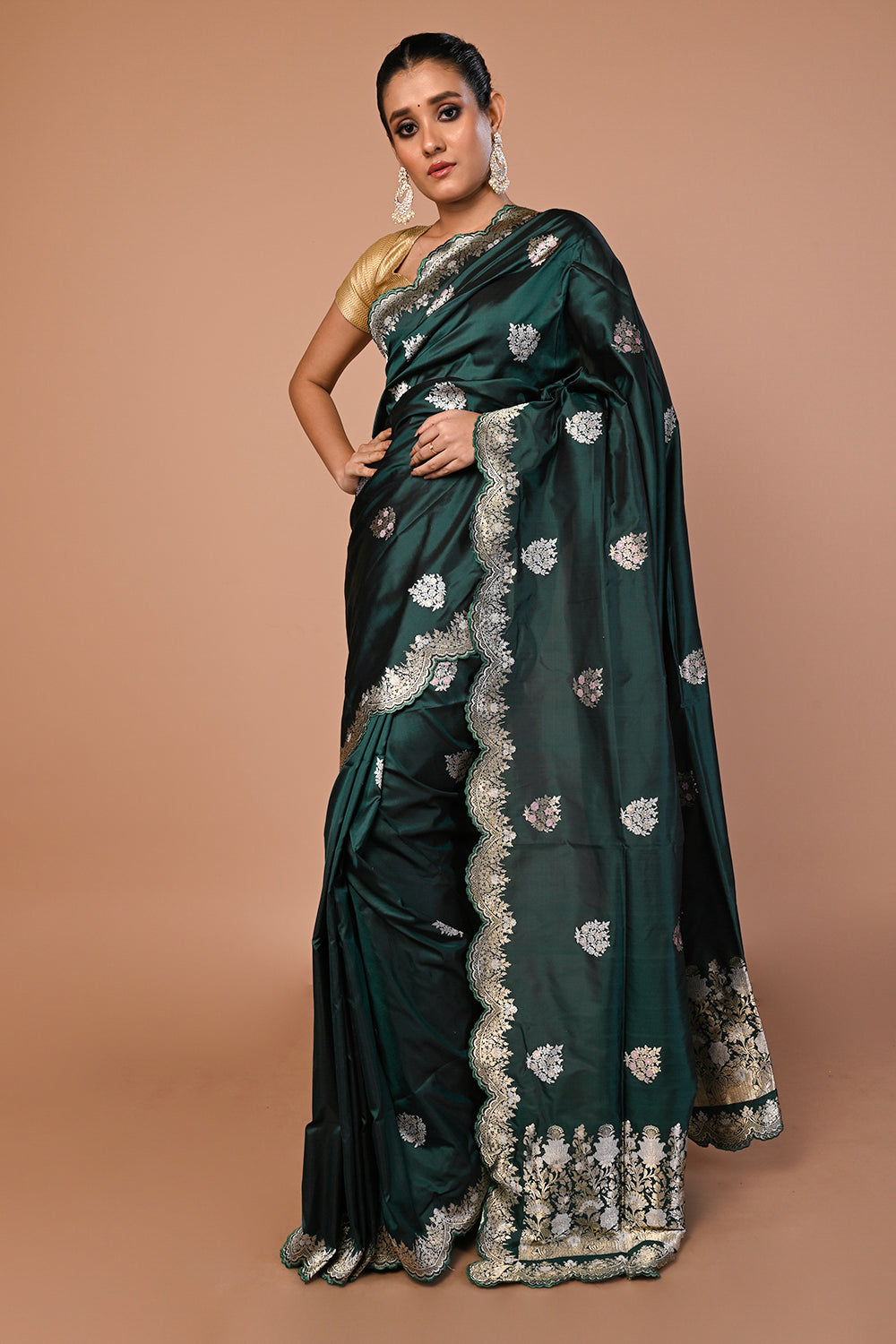 Banarasi Silk Butta Dark Green Saree With Scallop Border