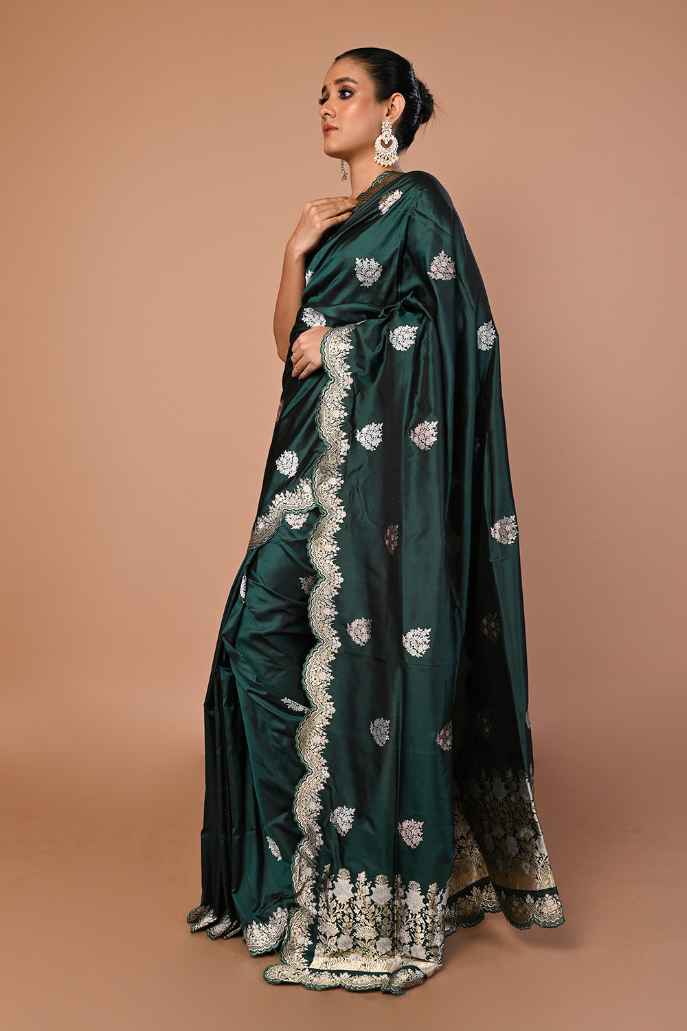 Banarasi Silk Butta Dark Green Saree With Scallop Border