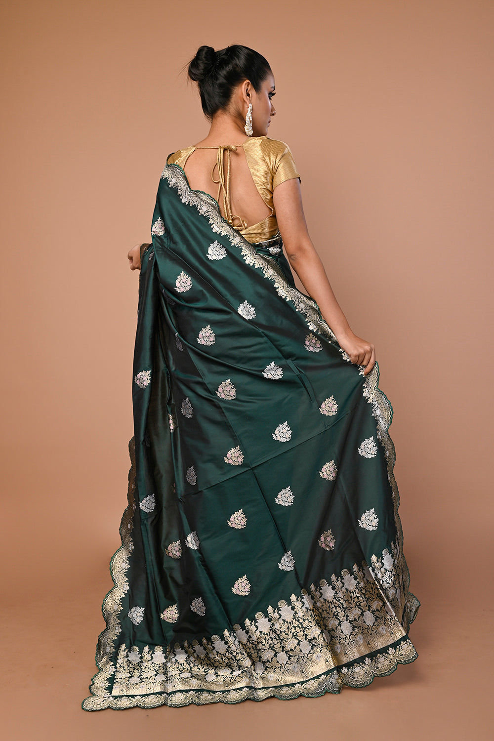 Banarasi Silk Butta Dark Green Saree With Scallop Border
