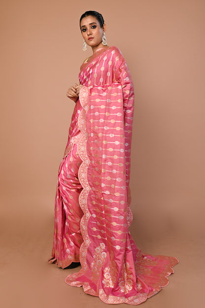 Banarasi Silk Jaal Pink Saree With Scallop Border