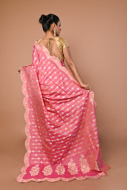 Banarasi Silk Jaal Pink Saree With Scallop Border