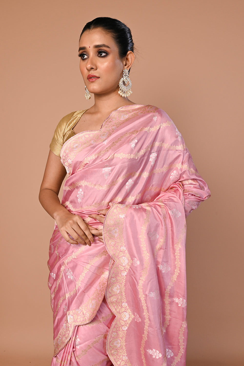 Banarasi Silk Jaal Baby Pink Saree With Scallop Border