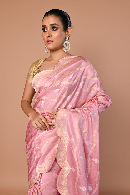 Banarasi Silk Jaal Baby Pink Saree With Scallop Border