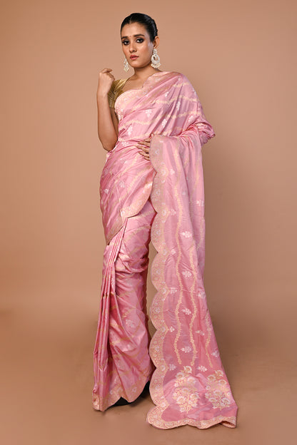 Banarasi Silk Jaal Baby Pink Saree With Scallop Border