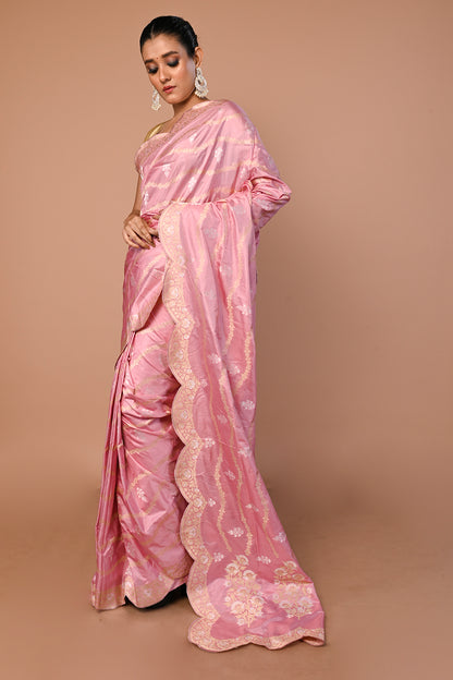 Banarasi Silk Jaal Baby Pink Saree With Scallop Border