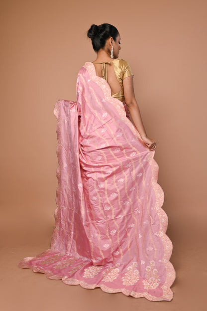 Banarasi Silk Jaal Baby Pink Saree With Scallop Border