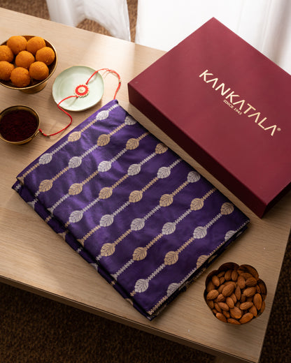 Banarasi Silk Jaal Purple Saree With Scallop Border With Rakhi And Gift Box