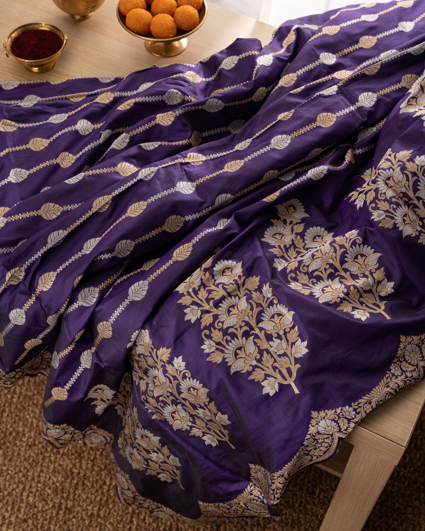 Banarasi Silk Jaal Purple Saree With Scallop Border With Rakhi And Gift Box
