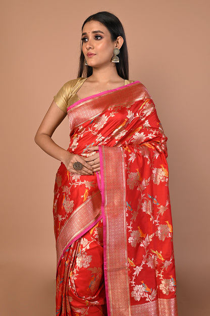 Banarasi Silk Jaal Red Saree
