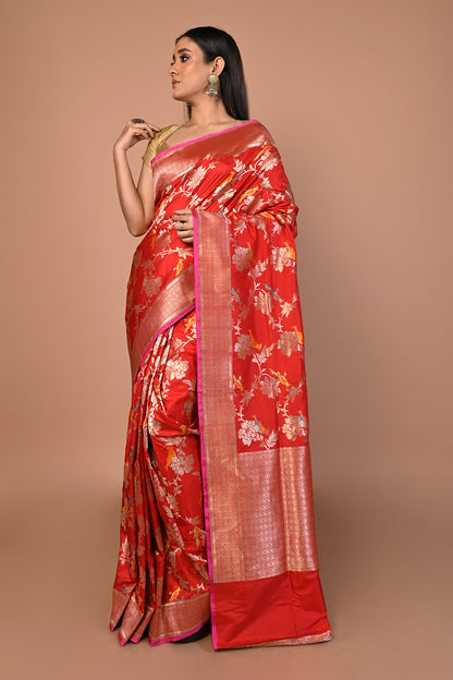 Banarasi Silk Jaal Red Saree