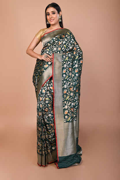 Banarasi Silk Shikargah Jaal Bottle Green Saree