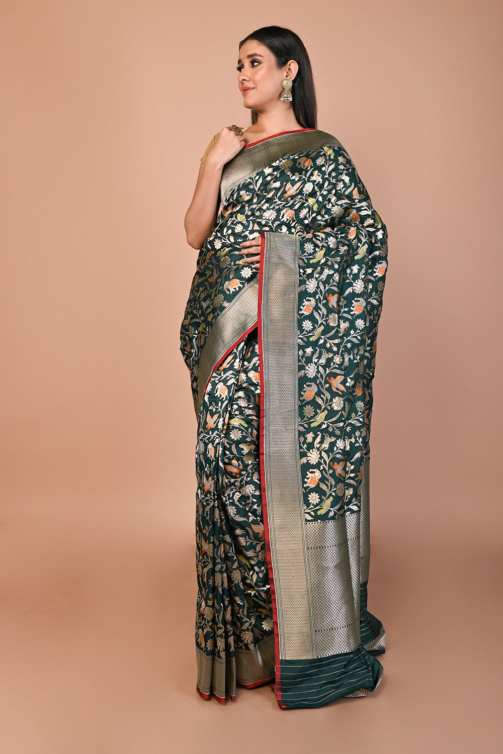 Banarasi Silk Shikargah Jaal Bottle Green Saree