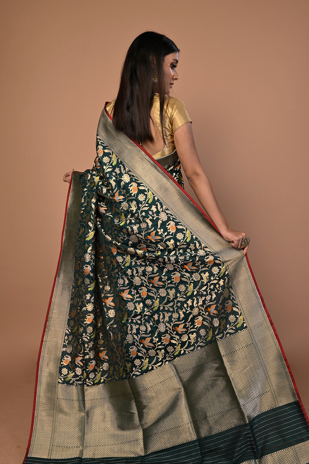 Banarasi Silk Shikargah Jaal Bottle Green Saree