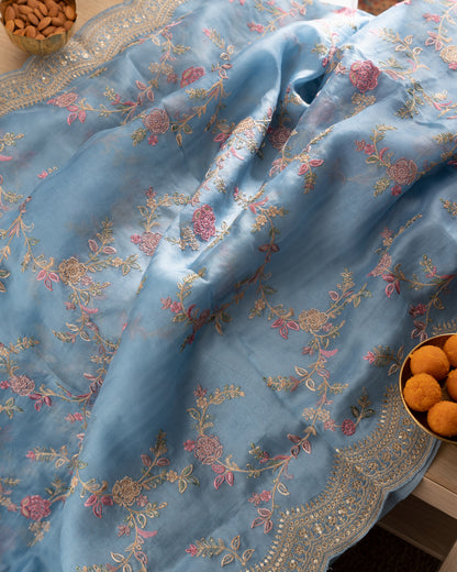 Organza Floral Embroidery Blue Saree With Scallop Border With Rakhi And Gift Box