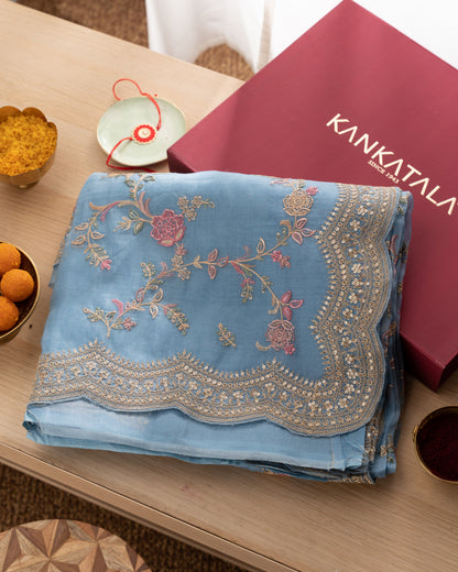 Organza Floral Embroidery Blue Saree With Scallop Border With Rakhi And Gift Box