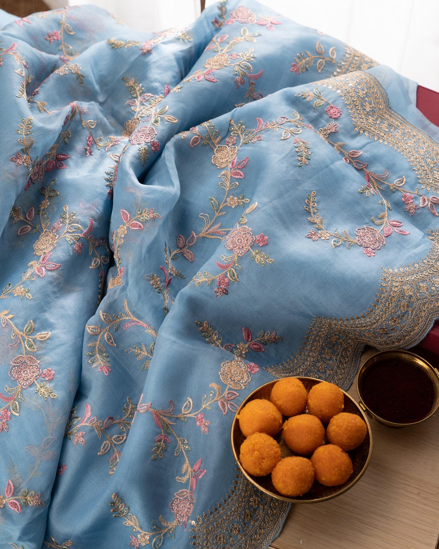 Organza Floral Embroidery Blue Saree With Scallop Border With Rakhi And Gift Box