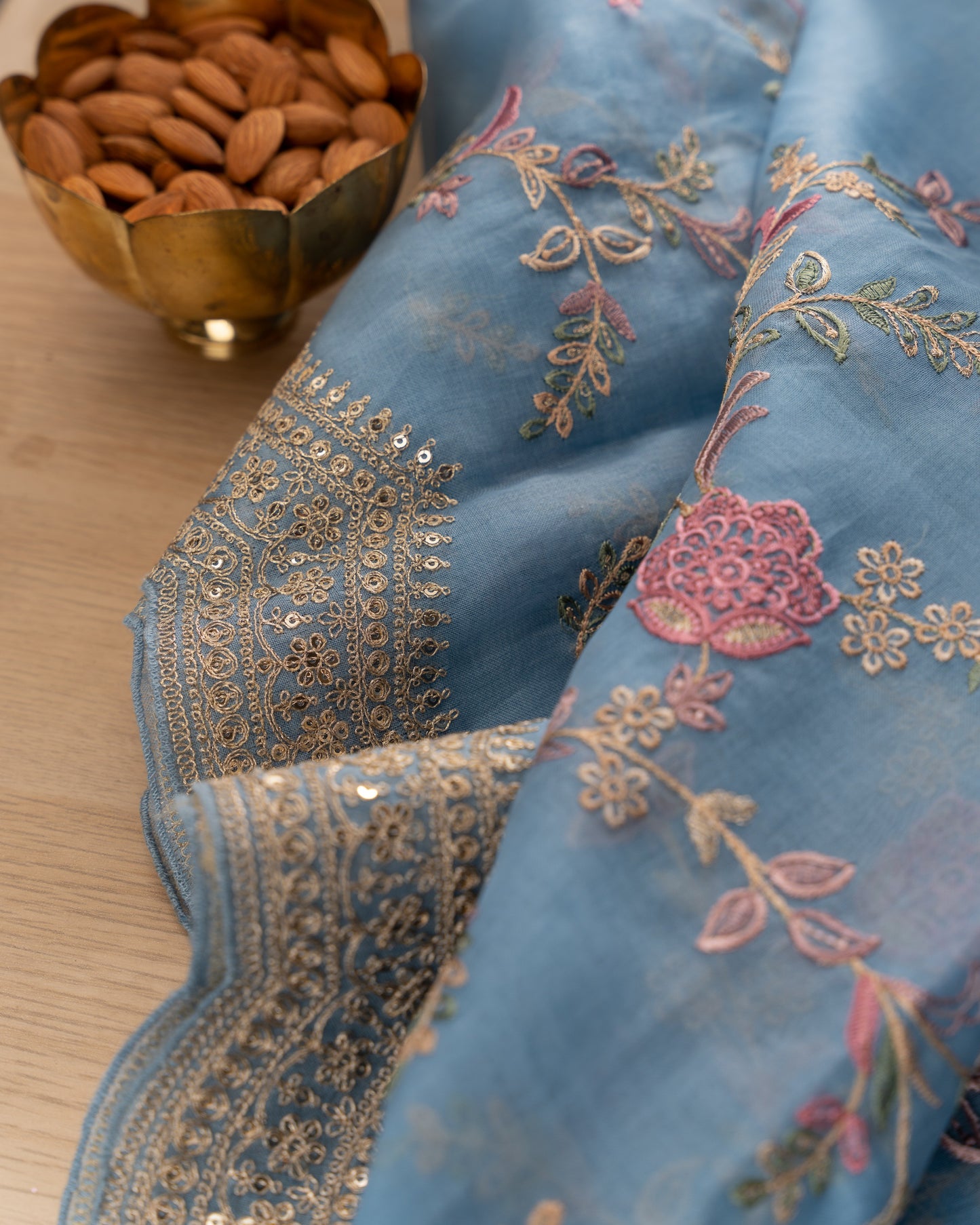 Organza Floral Embroidery Blue Saree With Scallop Border With Rakhi And Gift Box