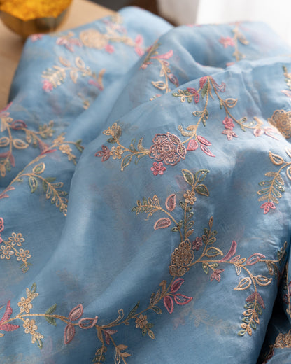 Organza Floral Embroidery Blue Saree With Scallop Border With Rakhi And Gift Box