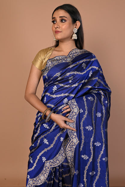 Banarasi Silk Jaal Royal Blue Saree With Scallop Border