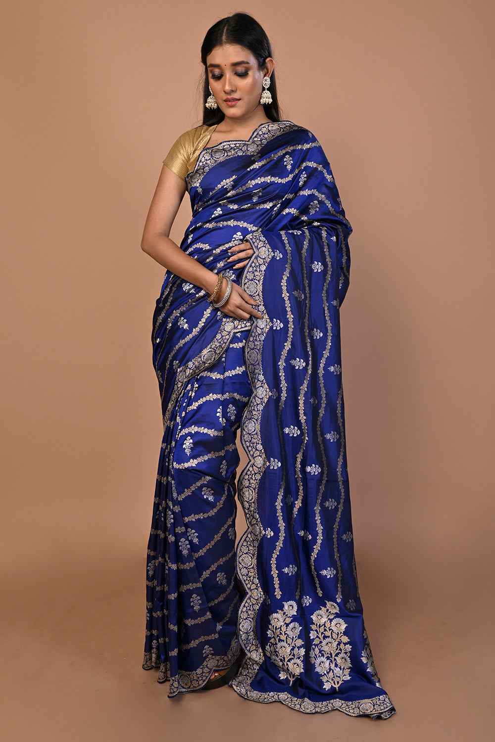 Banarasi Silk Jaal Royal Blue Saree With Scallop Border