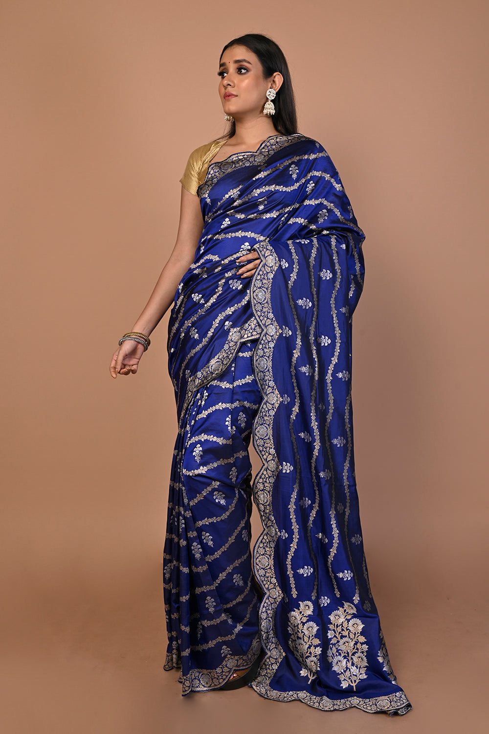 Banarasi Silk Jaal Royal Blue Saree With Scallop Border