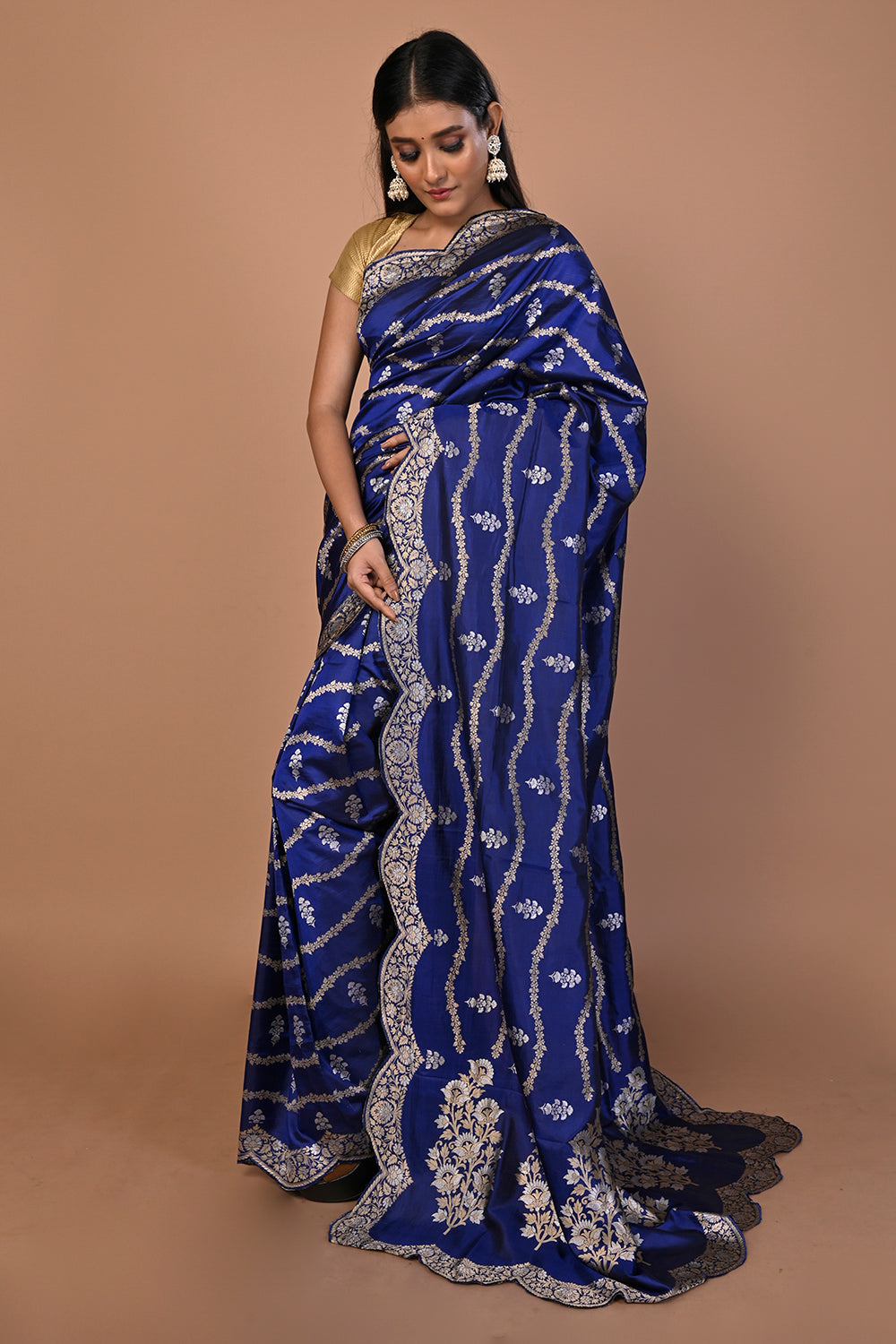 Banarasi Silk Jaal Royal Blue Saree With Scallop Border