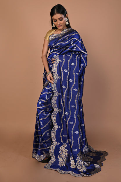 Banarasi Silk Jaal Royal Blue Saree With Scallop Border