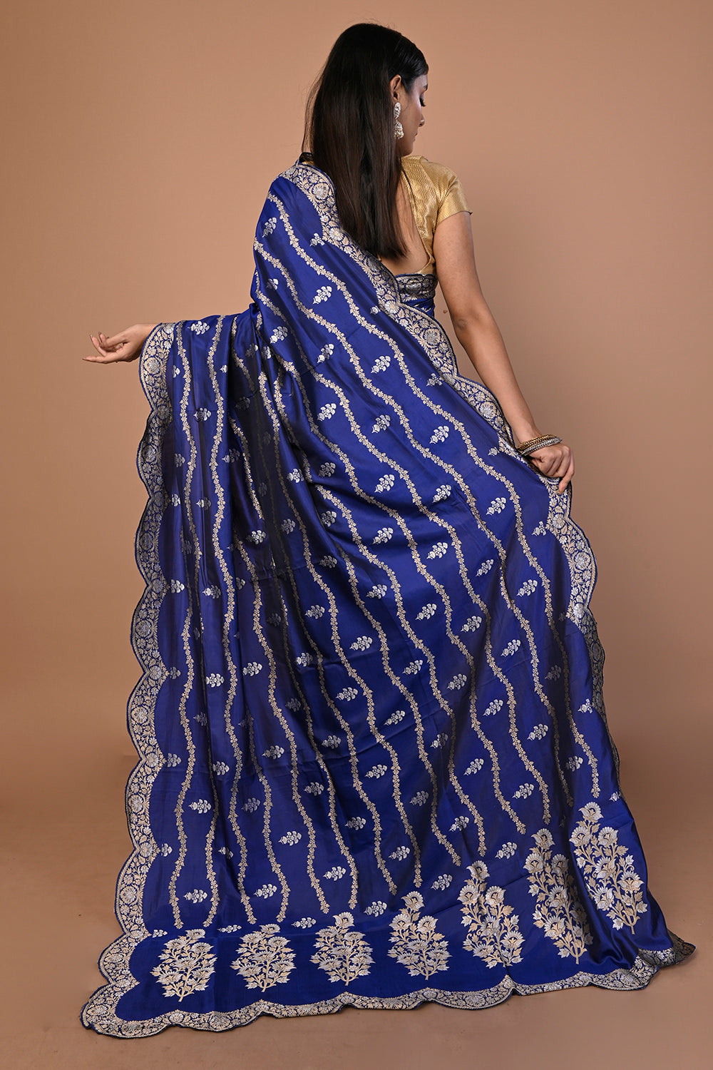 Banarasi Silk Jaal Royal Blue Saree With Scallop Border