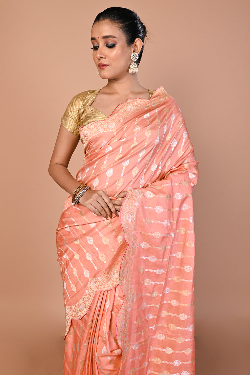 Banarasi Silk Jaal Peach Saree With Scallop Border