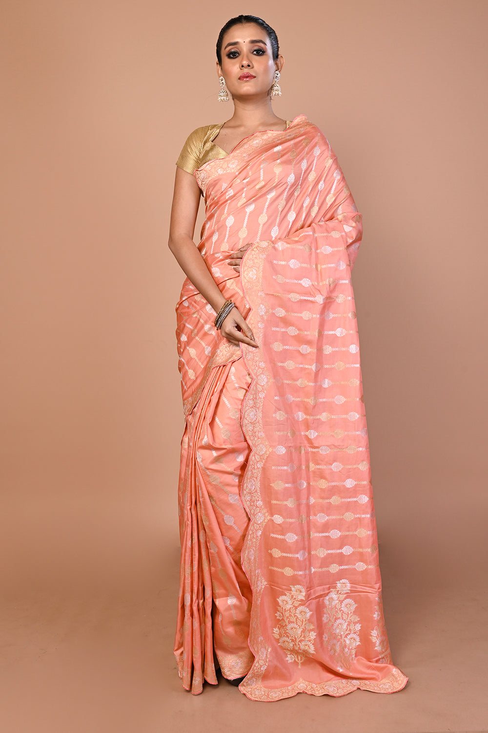 Banarasi Silk Jaal Peach Saree With Scallop Border