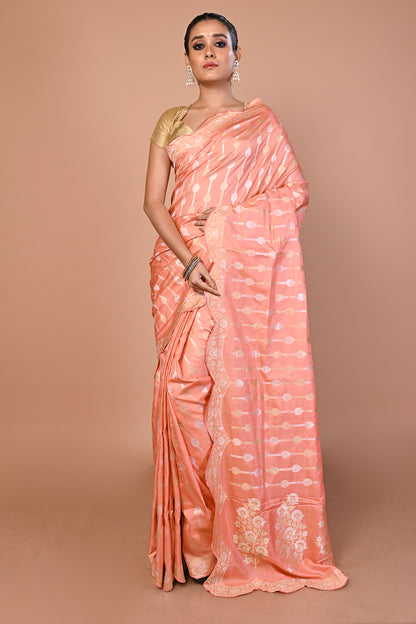 Banarasi Silk Jaal Peach Saree With Scallop Border