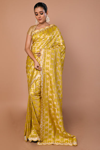 Banarasi Silk Brocade Mehendi Green Saree With Scallop Border