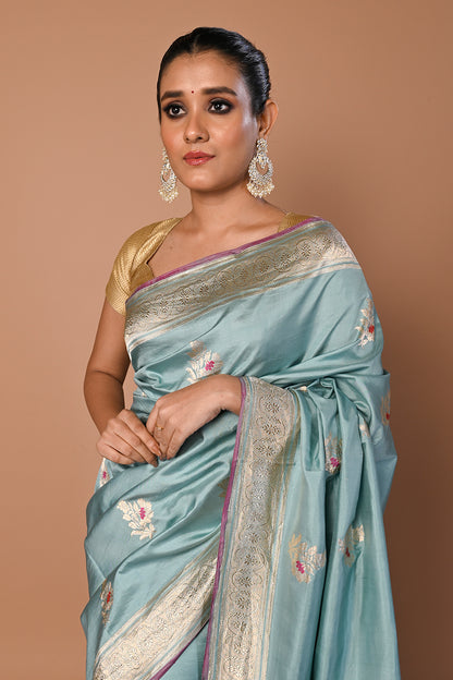 Banarasi Silk Butta Pastel Blue Saree