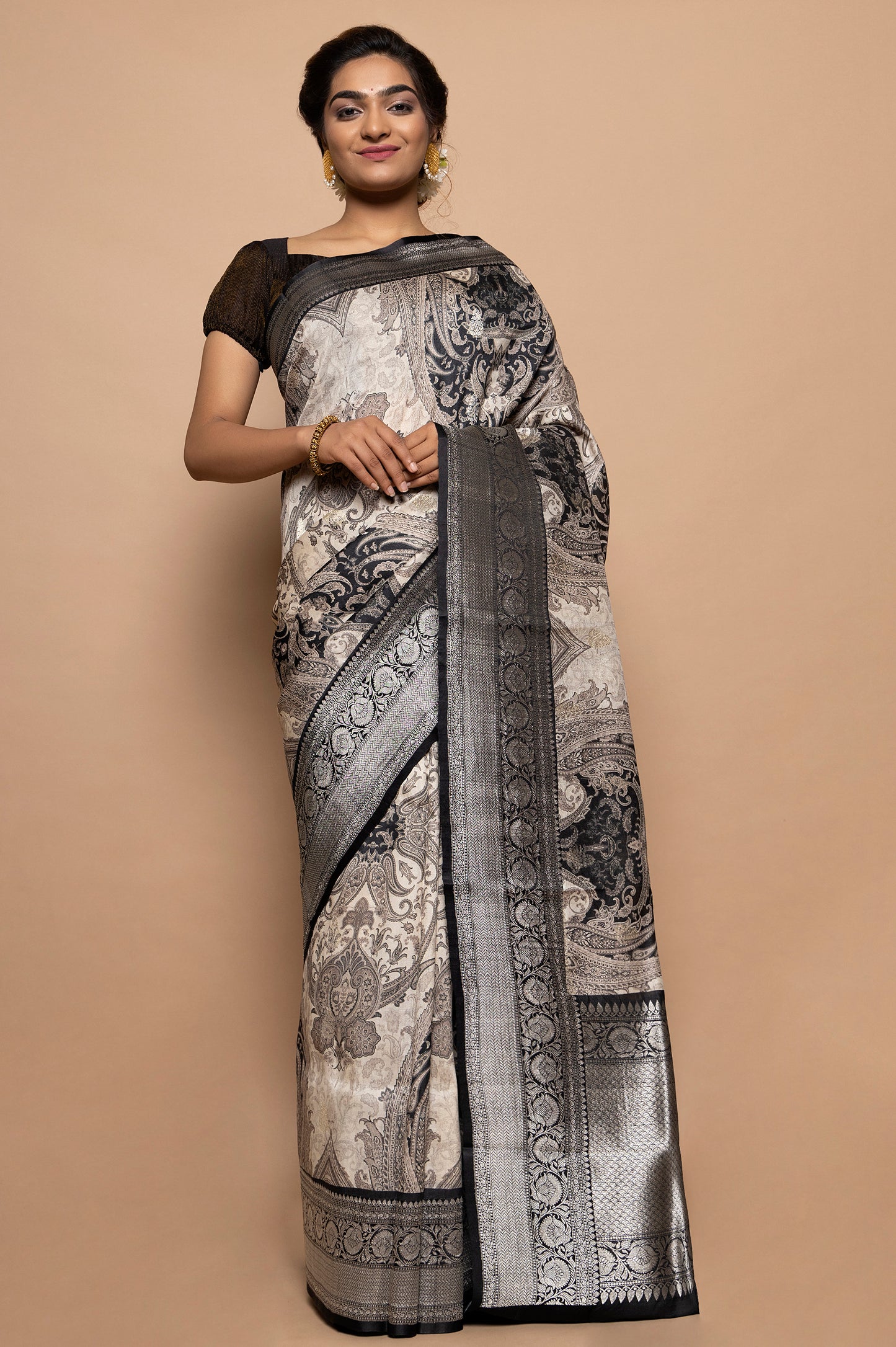 Tussar Floral Printed Off White Saree