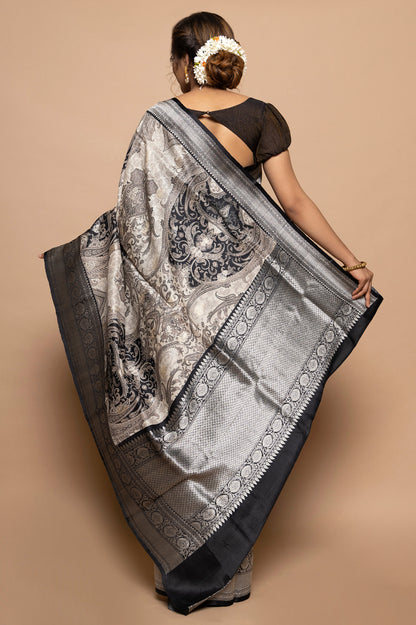 Tussar Floral Printed Off White Saree