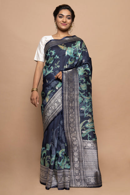 Tussar Floral Printed Dark Blue Saree