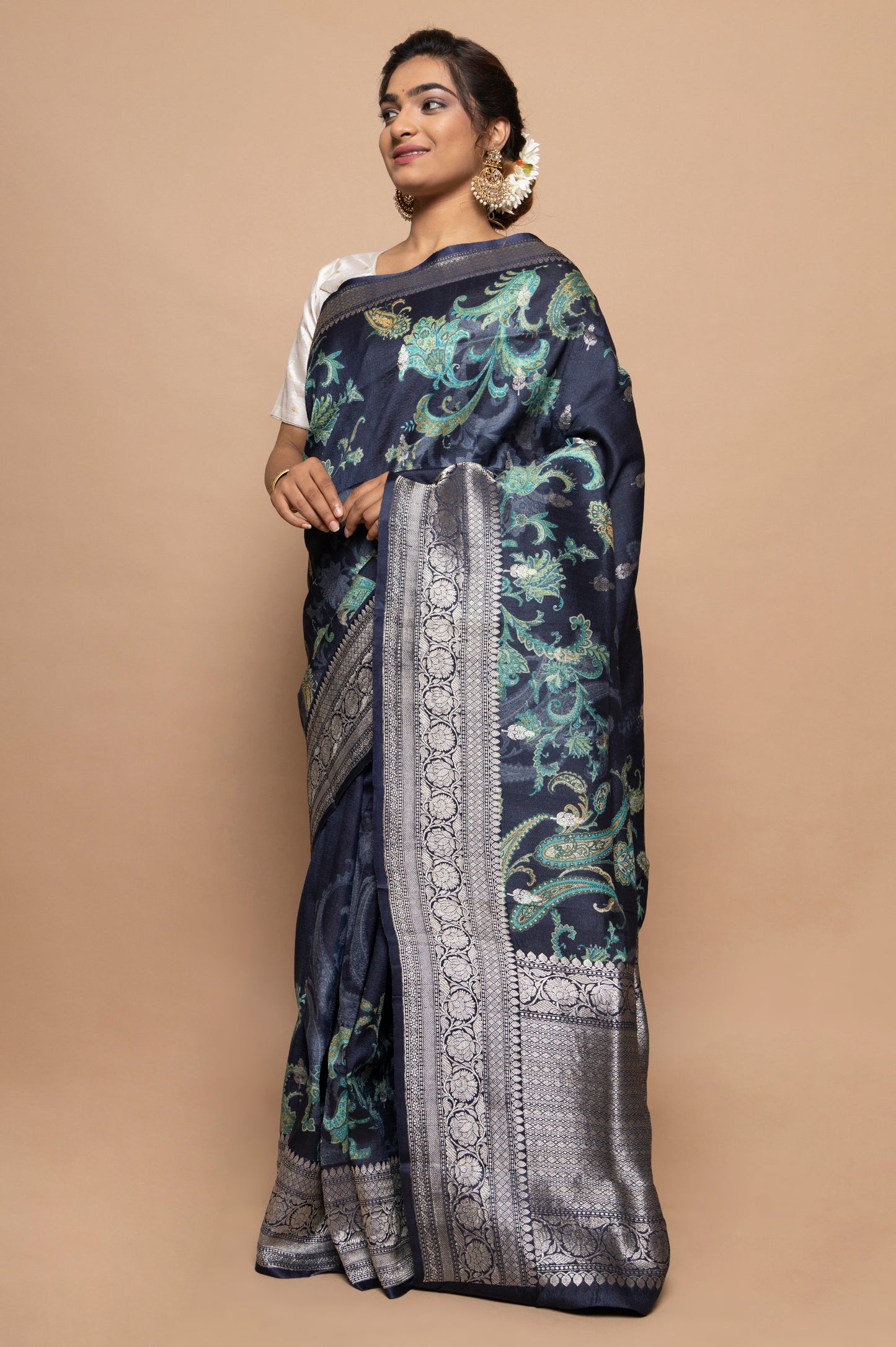 Tussar Floral Printed Dark Blue Saree