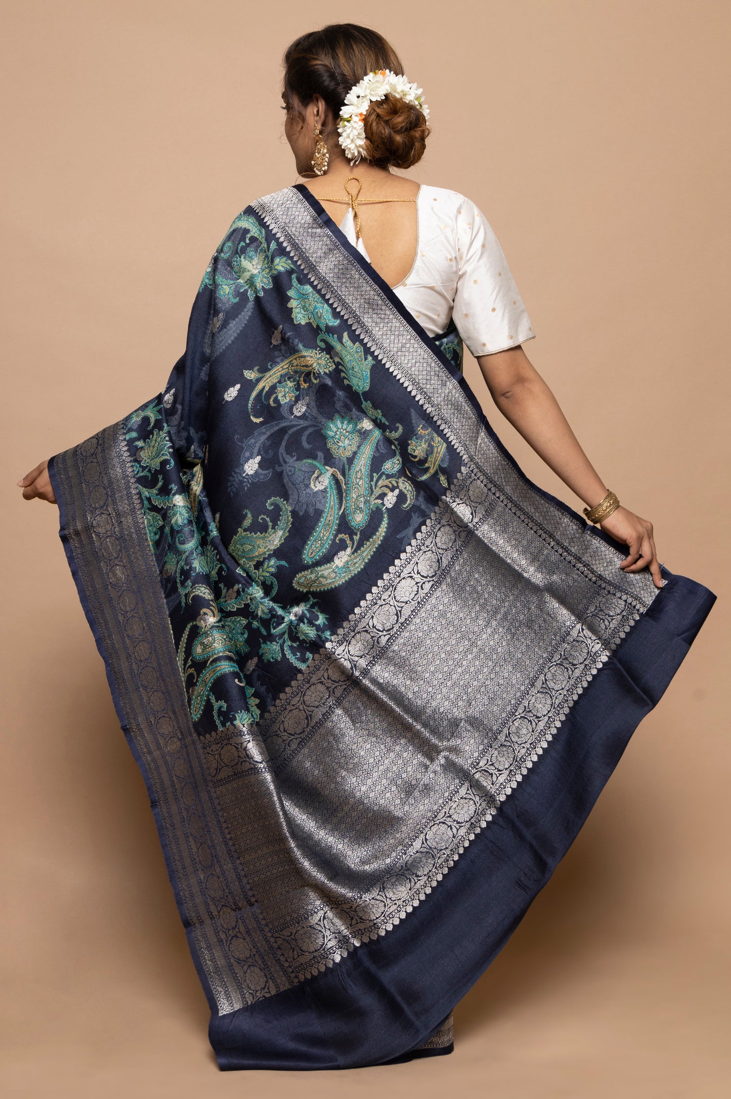Tussar Floral Printed Dark Blue Saree