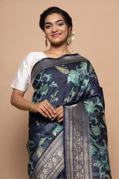 Tussar Floral Printed Dark Blue Saree