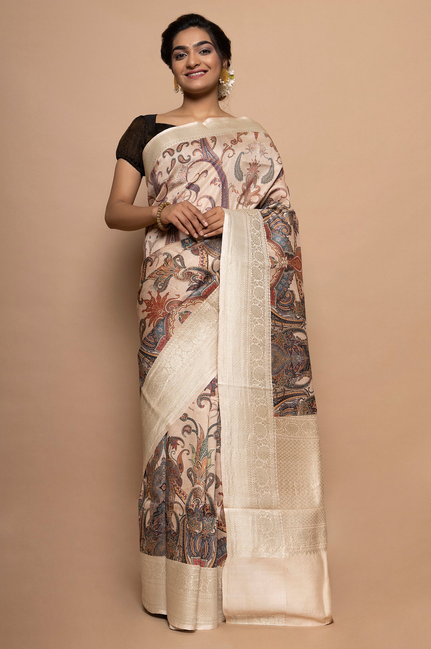 Tussar Floral Printed Peach Saree