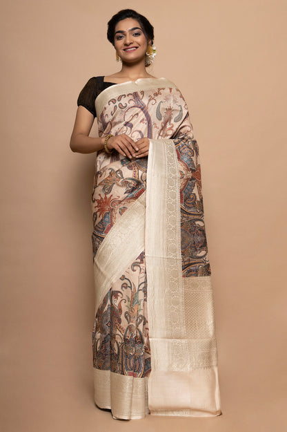 Tussar Floral Printed Peach Saree
