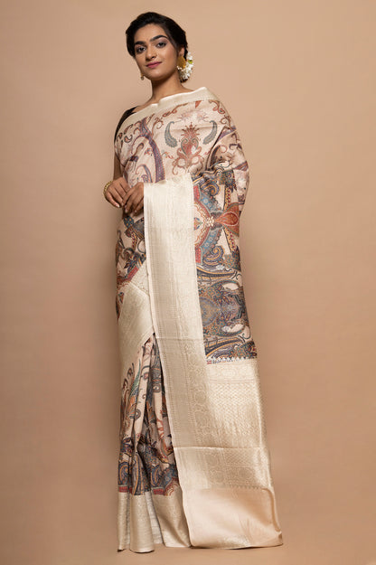 Tussar Floral Printed Peach Saree