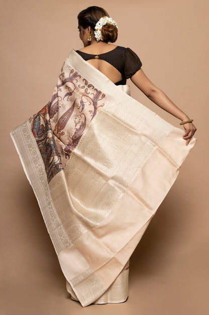 Tussar Floral Printed Peach Saree
