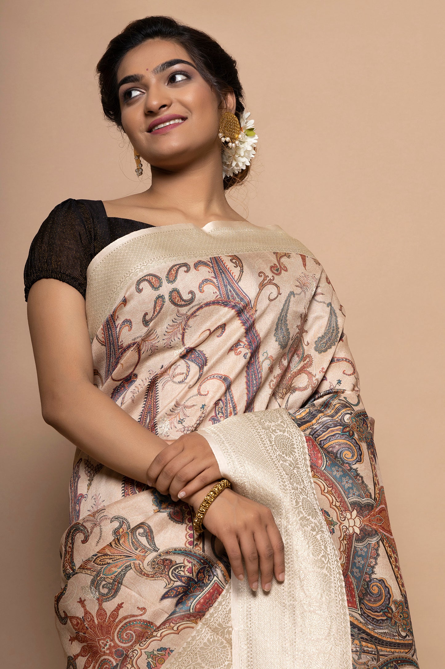 Tussar Floral Printed Peach Saree