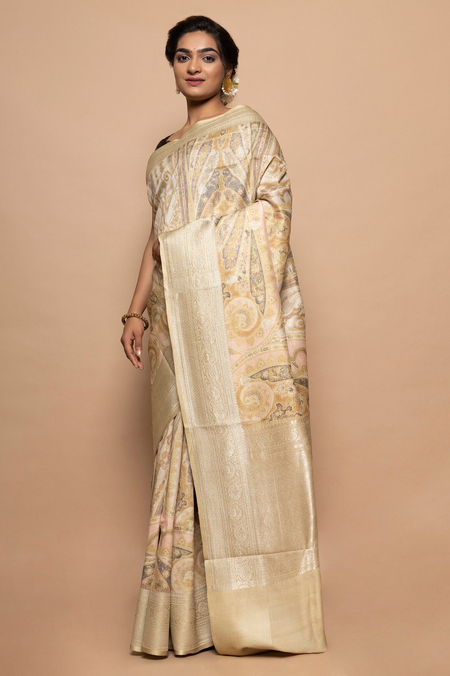 Tussar Floral Printed Baby Pink Saree