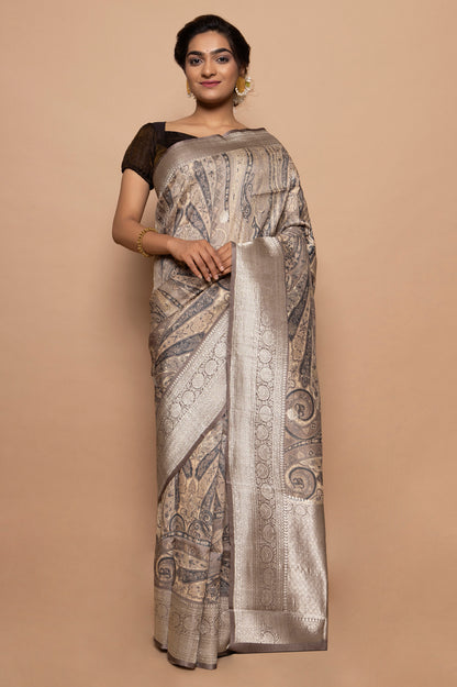 Tussar Floral Printed Grey Saree