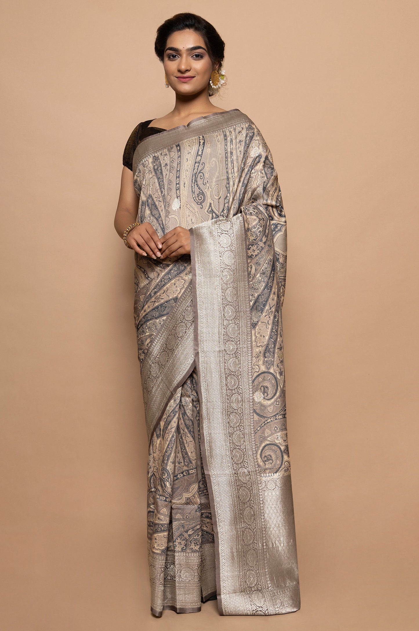 Tussar Floral Printed Grey Saree