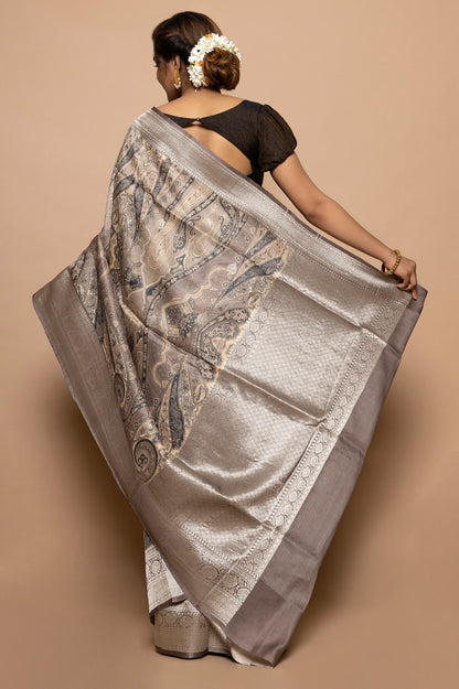 Tussar Floral Printed Grey Saree