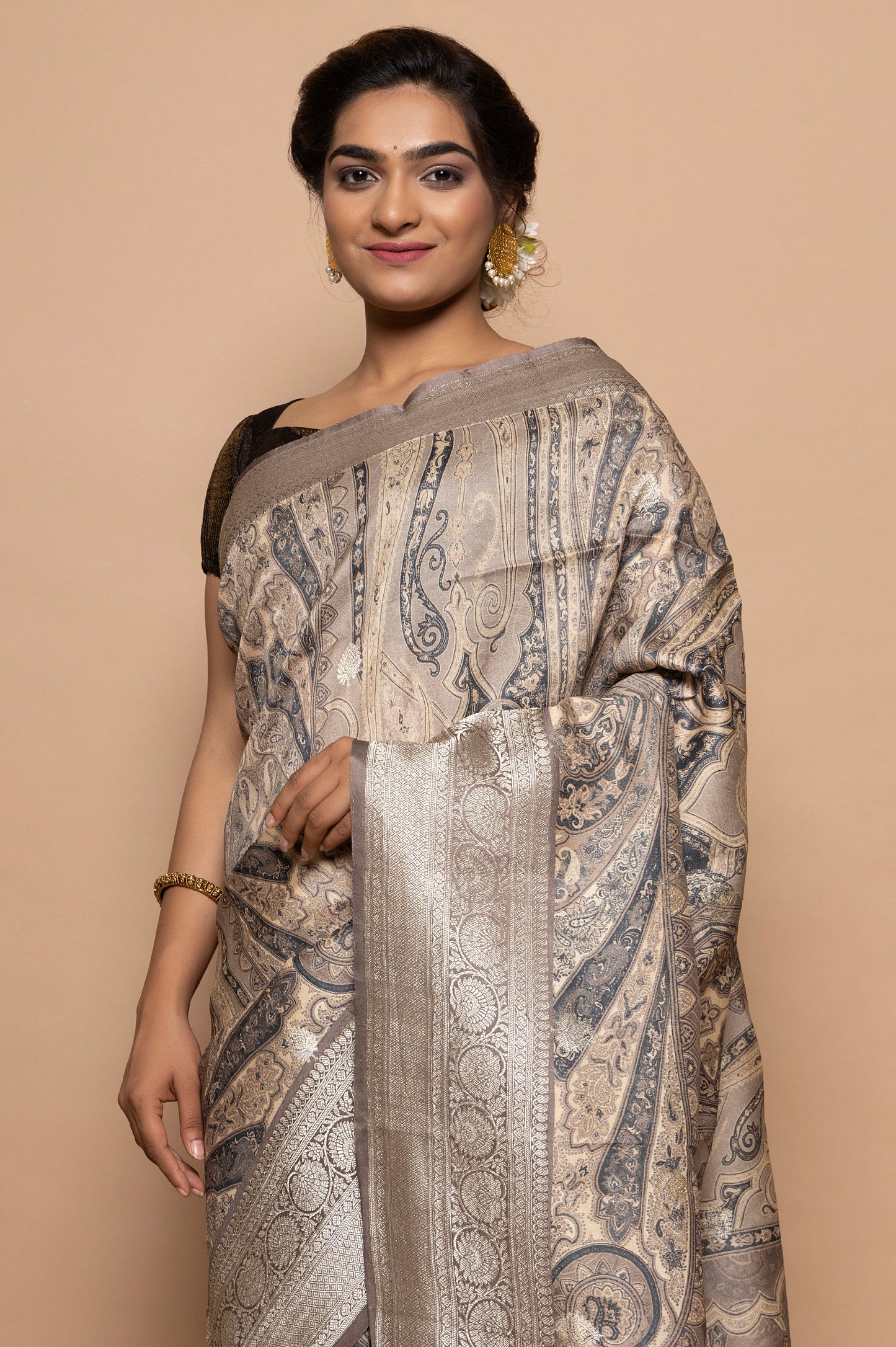 Tussar Floral Printed Grey Saree